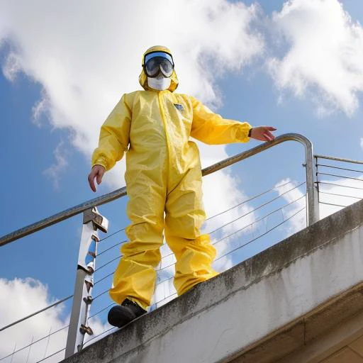 a yellow hazmat suit in blue sky with clouds and a spiral staircase