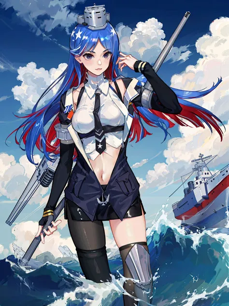 southdakota \(kancolle\), 1girl, solo, black necktie, necktie, breasts, jacket, rigging, sky, black skirt, skirt, shirt, white shirt, large breasts, thighhighs, cloud, blue sky, single leg pantyhose, bangs, single thighhigh, black jacket, day, open clothes, midriff, asymmetrical legwear, uneven legwear, cowboy shot, short sleeves, navel, black gloves, pantyhose, original, intricate detail, illustration, masterpiece, extremely detailed CG unity 8k wallpaper, highlight, sharpening, dynamic,