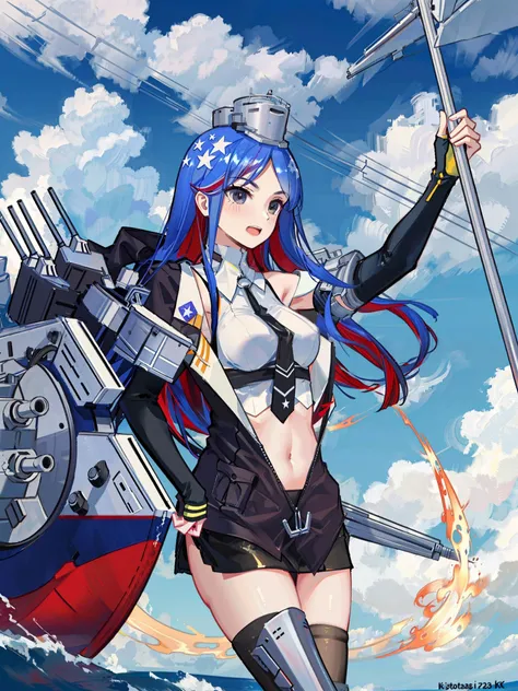 southdakota \(kancolle\), 1girl, solo, breasts, one-hour drawing challenge, sky, white shirt, jacket, shirt, cloud, necktie, black necktie, single leg pantyhose, cowboy shot, sleeveless, navel, open mouth, asymmetrical legwear, large breasts, single thighhigh, gloves, dated, day, black jacket, black gloves, twitter username, elbow gloves, sleeveless shirt, open clothes, blue sky, midriff, uneven legwear, crop top, holding, black skirt, thighhighs, outdoors, bangs, original, intricate detail, illustration, masterpiece, extremely detailed CG unity 8k wallpaper, highlight, sharpening, dynamic,