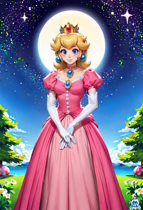 score_9, score_8_up, score_7_up, score_6_up, score_5_up, score_4_up, rating_explicit, 1girl, (Princess Peach (MarioBros):1.5), shy smile, moon, starry night, masquerade dress, mask,