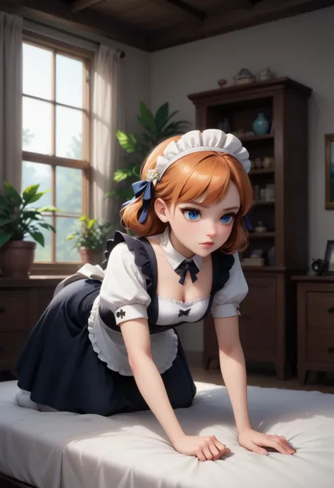 score_9, score_8_up, score_7_up,  1girl (medium full shot) of (attractive young woman:1.1) maid british with ginger cone hair bun, bright blue eyes, light skin, curvy, wearing a short black and white (victorian maid dress:1.2), frilly, large white apron, ribbons, bows, (stockings:1.1), maid head kerchief, top-down bottom-up, casting magic pose,  curious,power fist, in  Urban Jungle, in a trendy loft apartment with exposed brick walls, hanging planters, reclaimed wood accents, a rainfall shower surrounded by lush greenery, rattan furniture, and oversized tropical leaf prints, bringing the outdoors inside, Masterpiece,best quality, photorealistic, amazing quality, very aesthetic, extremely detailed face