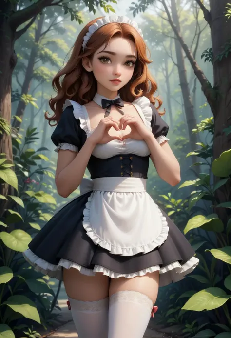 score_9, score_8_up, score_7_up, 1girl (medium full shot) of (angelic young woman:1.1) maid brazilian with dark, wavy hair, brown eyes, tan skin, athletic build, wearing a short black (maid dress:1.2) with white lace trim, a full white apron, (stockings:1.1), maid bow headband, lip bite, heart arms, introverted,air guitar, in A jungle-themed maid cafe, situated within a lush tropical rainforest with towering trees, exotic plants, and wildlife-inspired decor, Guests dine at bamboo tables surrounded by lush greenery, while waitresses dressed as jungle explorers serve tropical-themed dishes and beverages , at sunset, Masterpiece,best quality, photorealistic, amazing quality, very aesthetic, extremely detailed face