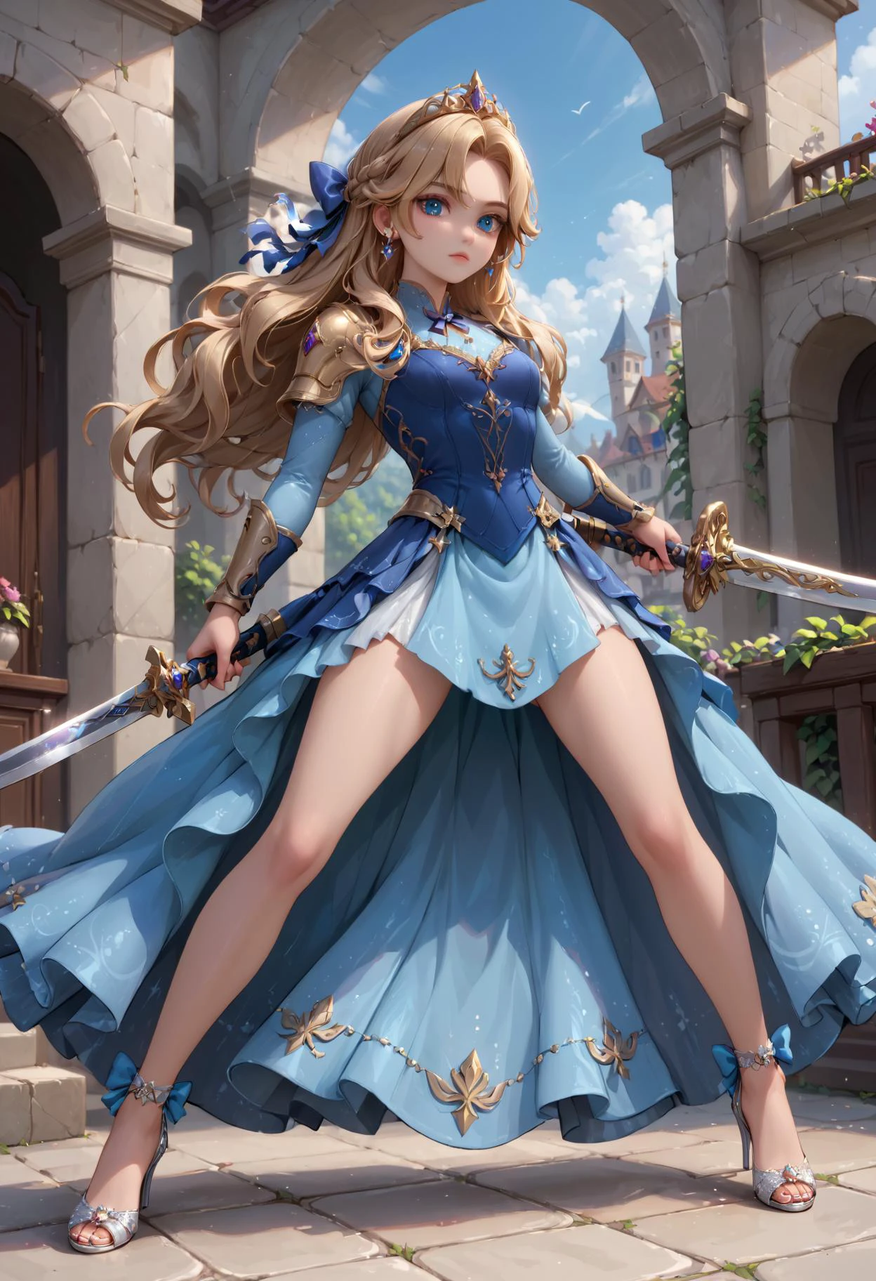 (score_9, score_8_up:1.1), score_7_ up, highly detailed, , zPDXL, ((1 girl,)) slender, petite , Sun elven fighter, warrior's skill, long golden hair in an elaborate updo, sparkling blue eyes, sturdy plate armor with silver accents, wielding a sword imbued with celestial magic. ,((she wear Long flowing blue dress with silver sequins, matching heels with bows on top)), dynamic pose, detialed background
, masterpeice, detailed, intricated details, 8k, ultraclear <lora:detailed_notrigger:1>, wide angle, detailed scene, detailed faces, perfect quality, tranding on artstation, incredible details , Painstaking Attention To Details , <lora:OMG-Is-DucHaiten_v1.0:1> ziprealism