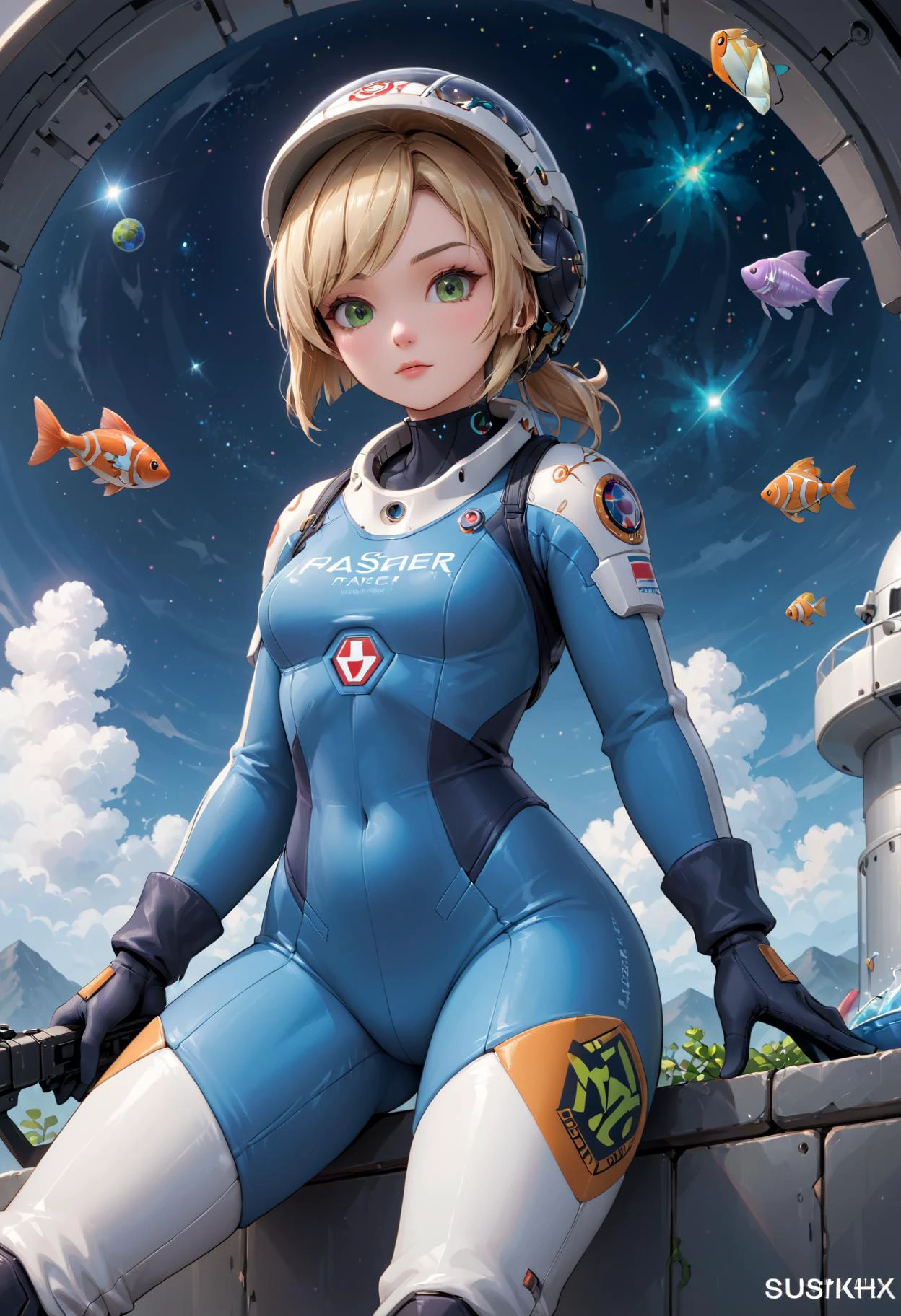 (score_9, score_8_up:1.1), score_7_ up, highly detailed, , zPDXL, ((1 girl,)) slender, petite , Space traveler, futuristic attire, short blonde hair in a ponytail, bright green eyes, sleek silver body suit, high-tech gauntlets and boots, plasma rifle slung over her shoulder. ,((she wear Space age astronaut suit, fish bowl helmet, jetpack, pressurized gloves, space boots, mission patch.)), dynamic pose, detialed background
, masterpeice, detailed, intricated details, 8k, ultraclear <lora:detailed_notrigger:1>, wide angle, detailed scene, detailed faces, perfect quality, tranding on artstation, incredible details , Painstaking Attention To Details , <lora:OMG-Is-DucHaiten_v1.0:1> ziprealism