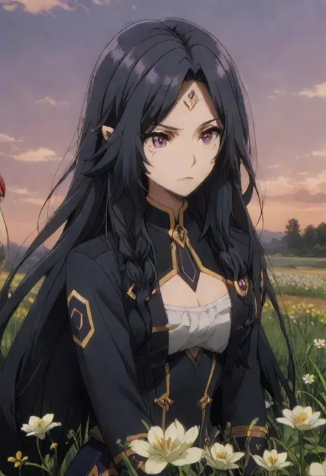 (Confused, high resolution, very detailed), 1 woman, black hair,long hair,Crimson eyes,Blue and black battle clothes,24th generation,beauty,mature,thin,quiet,careful,small smile,Long cloak,Slender and thin,skinny pants,grassland,hill,huge_breasts, purple eyes, Eye shape precisely