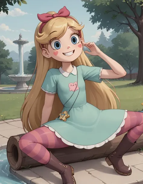 <lora:starpony:1> starbutterfly, 1girl, blonde hair, horned headwear, hairband, long hair, solo, heart, blue eyes, facial mark, very long hair,teal dress,striped pantyhose,boots, blush stickers, smile, on back, spread legs, log, fountain, tree, park, masterpiece, amazing quality, ultra realistic, HD, best quality, amazing quality, very aesthetic, absurdres, <lora:extremely_detailed:2> extremely detailed,