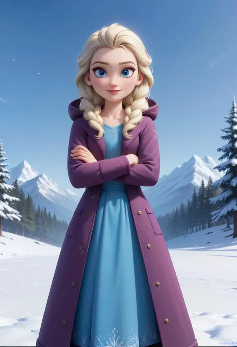 score_9, score_8_up, score_7_up, score_6_up, score_5_up, score_4_up, 2girls, outdoors, snow, pine trees, <lora:disney3d-ponyxl:0.4> BREAK anna, purple snow coat, hood, fur, arms crossed, parted lips, standing BREAK elsa, blue dress, smile, standing