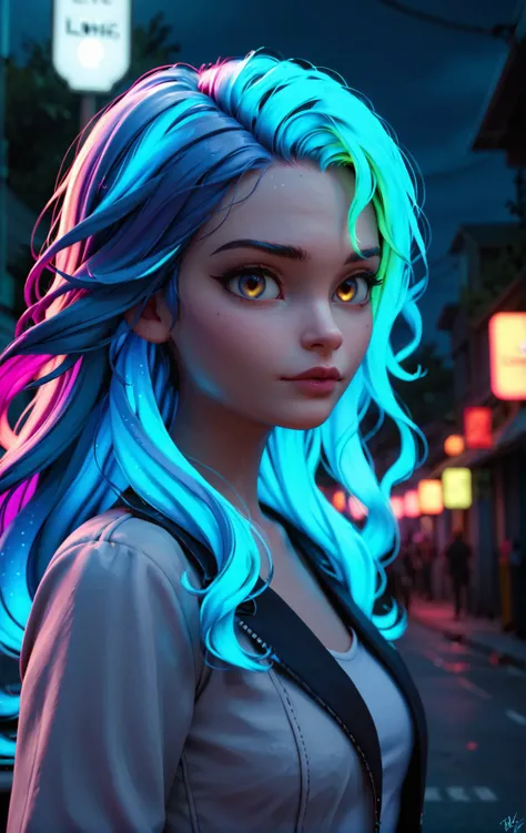 score_9, score_8_up, score_8, 3d, photorealistic, realistic photograph, cinematic, epic realism, soft shadows, hdr, 8K, details, <lora:add-detail-xl:1>, <lora:MJ52:0.8>, night, darkness, dark street, a girl with long glowing hair, beautiful face,<lora:glowing_hair:1> (HRGLW:1.2), HAIR, (GLOW:1.4), (NEON:1.4), (luminous hair:1.3), (colorful glowing hair),