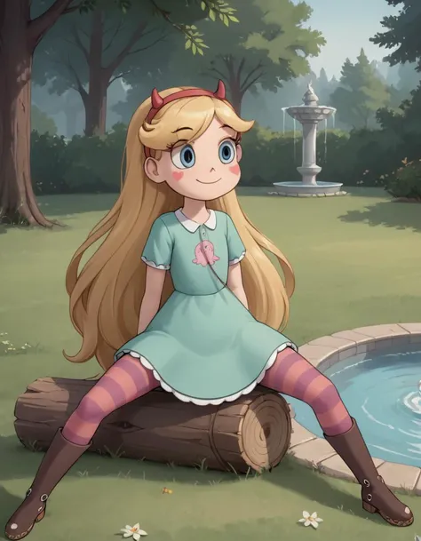 <lora:starpony:1> starbutterfly, 1girl, blonde hair, horned headwear, hairband, long hair, solo, heart, blue eyes, facial mark, very long hair,teal dress,striped pantyhose,boots, blush stickers, smile, on back, spread legs, log, fountain, tree, park, masterpiece, amazing quality, ultra realistic, HD, best quality, amazing quality, very aesthetic, absurdres, <lora:extremely_detailed:2> extremely detailed,