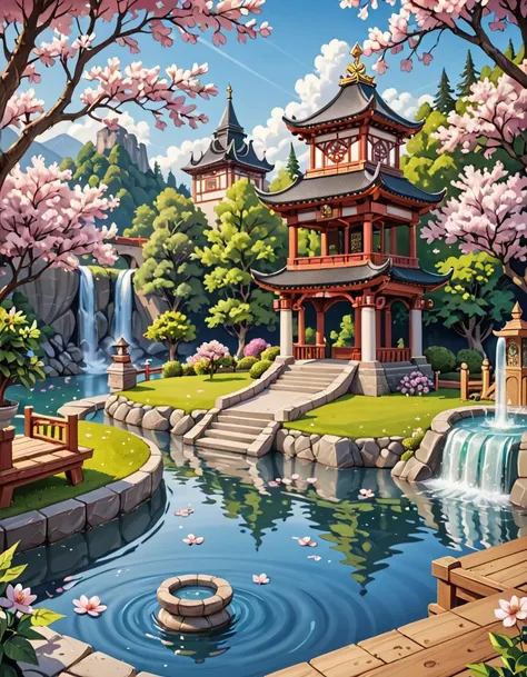 score_9, score_8_up, score_7_up, score_6_up, sfw, very aesthetic, 1girl,(Nanael (Queen Blade):1.5), edo castle Courtyard, Expansive open space with meticulously manicured gardens, cherry blossom trees in full bloom, a koi pond with a wooden bridge, stone lanterns lining the paths, the faint sound of flowing water from a fountain , amazing quality, ultra realistic, 3D, HD, best quality, amazing quality, very aesthetic, absurdres