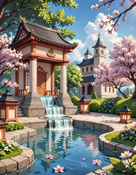 score_9, score_8_up, score_7_up, score_6_up, sfw, very aesthetic, 1girl,(Nanael (Queen Blade):1.5), edo castle Courtyard, Expansive open space with meticulously manicured gardens, cherry blossom trees in full bloom, a koi pond with a wooden bridge, stone lanterns lining the paths, the faint sound of flowing water from a fountain , amazing quality, ultra realistic, 3D, HD, best quality, amazing quality, very aesthetic, absurdres