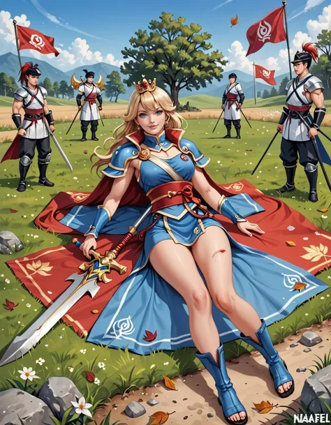 score_9, score_8_up, score_7_up, score_6_up, sfw, very aesthetic, 1girl,(Nanael (Queen Blade):1.5), Battlefield, Dusty ground littered with fallen leaves, samurai banners fluttering in the wind, bamboo spears thrust into the earth, wounded soldiers lying amidst scattered weapons , amazing quality, ultra realistic, 3D, HD, best quality, amazing quality, very aesthetic, absurdres