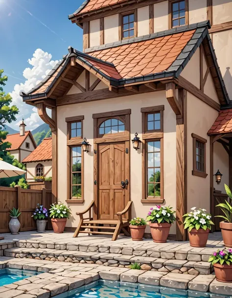 score_9, score_8_up, score_7_up, score_6_up, sfw, very aesthetic, 1girl,(Nanael (Queen Blade):1.5), Merchant Residence, Stately wooden house with a tiled roof, paper-covered windows, small garden with a stone lantern, wooden bench on the veranda , amazing quality, ultra realistic, 3D, HD, best quality, amazing quality, very aesthetic, absurdres