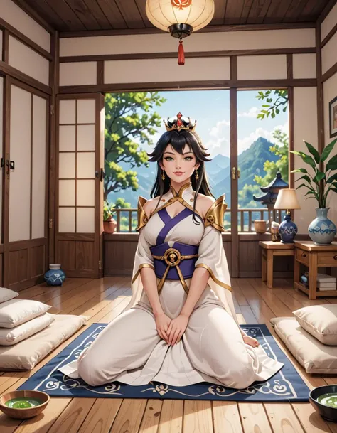 score_9, score_8_up, score_7_up, score_6_up, sfw, very aesthetic, 1girl,(Nanael (Queen Blade):1.5), Meditation Hall, Peaceful room with tatami flooring, shoji screens filtering soft sunlight, cushions arranged in a circle for group meditation, simple wooden altar with incense burning, calligraphy scrolls adorning the walls , amazing quality, ultra realistic, 3D, HD, best quality, amazing quality, very aesthetic, absurdres