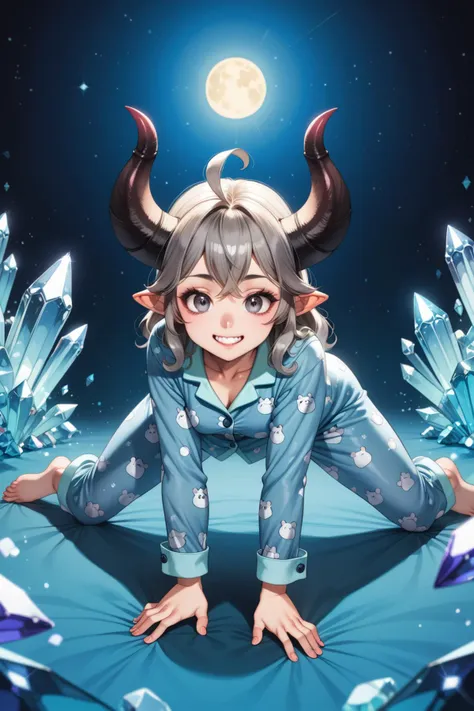 Dreamscape score_9, score_8_up, score_7_up, BREAK, 1girl, demon girl jack-o' challenge, crystallized eyes, gray eyes, gray skin, long horns, smiling, paw patrol pajamas, apo . Surreal, ethereal, dreamy, mysterious, fantasy, highly detailed