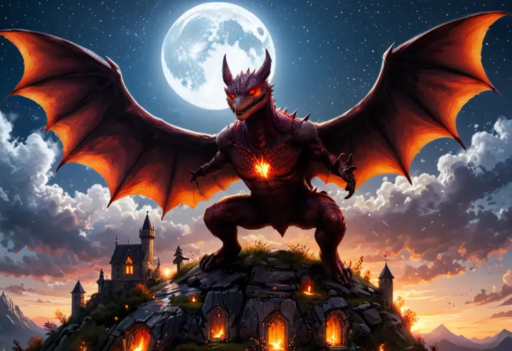 score_9, score_8_up, score_7_up, score_6_up, (source dungeons & dragons), legendary creature, mighty dragon,wyvern, (giant:1.2), (aggressive:1.9), (red/orange scales:1.6), (wide bat black wings:1.7), horns, yellow dragon eyes, sharp claws, on a mountain top, (medieval castle:0.3),(night:1.8), (dark sky:1.8), sky full off stars, (milky way:1.2), realistic, best quality, hi res, 8k, absurdes, highly detailed background, highly detailed landscape,