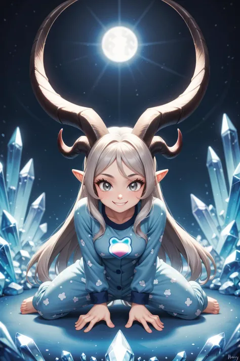 Dreamscape score_9, score_8_up, score_7_up, BREAK, 1girl, demon girl jack-o' challenge, crystallized eyes, gray eyes, gray skin, long horns, smiling, paw patrol pajamas, nlv . Surreal, ethereal, dreamy, mysterious, fantasy, highly detailed