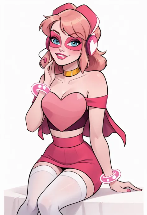 score_9, score_8_up, score_7_up, <lora:Miss_Heed_PDXL2:0.9> pink hair, pink skin, short hair, missheedxl, capelet, bare shoulders, callarbone, short sleeves, cleavage, golden choker, strapless, pink heart shaped crop top, pink headphones, headset, pink sunglasses, white over knee boots, pink miniskirt, pink round bracelet, white thighhighs, <lora:Barbie_1980s_PDXL:0.7> lipstick, retro artstyle, 1980s (style),