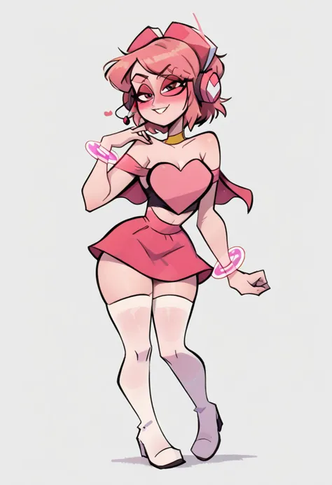 score_9, score_8_up, score_7_up, <lora:Miss_Heed_PDXL2:0.9> pink hair, pink skin, short hair, missheedxl, capelet, bare shoulders, callarbone, short sleeves, cleavage, golden choker, strapless, pink heart shaped crop top, pink headphones, headset, pink sunglasses, white over knee boots, pink miniskirt, pink round bracelet, white thighhighs, <lora:Valbun_Epoch_PDXL:1> valbun,