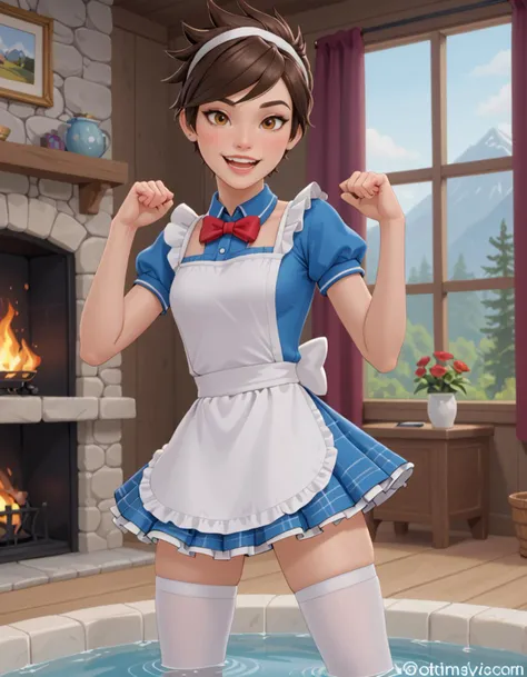 Score9, score8_up, score_7_up, source_explicit,
Tracer (Overwatch), owtracer , jojo pose ,wearing a simple, typically white or light-colored, (uniform1.2) consisting of a blouse and skirt or a dress, often accompanied by an apron, (stockings:1.1), maid bow headband ,Rustic Cabin Hideaway, in a cozy mountain cabin with knotty pine walls, stone accents, a cast iron clawfoot tub, plaid curtains, antique copper fixtures, and a roaring fireplace casting a warm glow over the space , bokeh,amazing quality, ultra realistic, 3D, HD, best quality, amazing quality, very aesthetic, absurdres, <lora:Lilandava_PDXL:1> lilandavastyle
