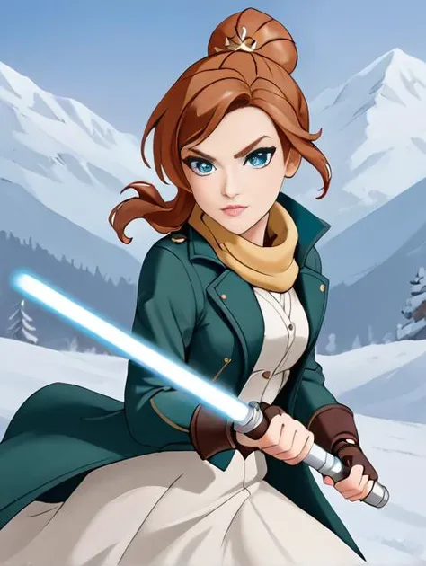 score_9, 1girl, solo, <lora:Anastasiacv2XL:0.7>, anastasiacv2, redhead, single hair bun, blue eyes, sfw, clothes, redhead, green coat, yellow scarf, long skirt:1.5, ponytail, fingerless gloves, hat, winter background, perfect eyes, holding lightsaber, blue lightsaber blade, fighting stance, confident, dynamic pose