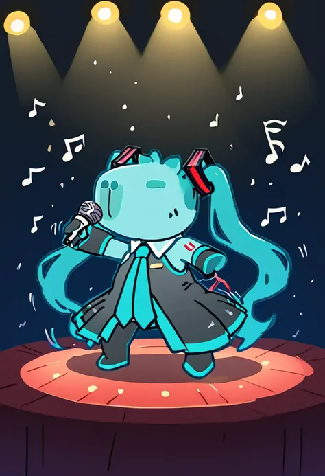 masterpiece,best quality,highly detailed,score_9,score_8_up,score_7_up,score_6_up,source furry,
BREAK
<lora:pokebaraPony1.0:1>,pokebara,full body,no humans,animal focus,motion lines,solid oval eyes,
hatsune miku,spotlight,singing, stage,stage lights,dancing,musical note,holding microphone,
