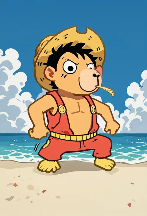 masterpiece,best quality,highly detailed,score_9,score_8_up,score_7_up,score_6_up,source furry,
BREAK
<lora:pokebaraPony1.0:0.9>,pokebara,full body,no humans,animal focus,motion lines,
monkey d. luffy,one piece, beach,straw hat,