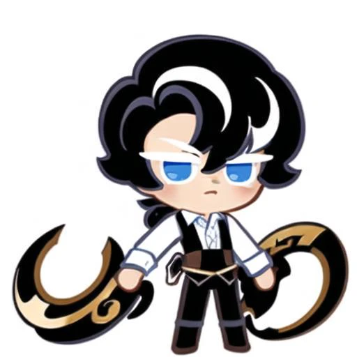 best quality, illustration, 1boy, black short hair, blue eyes, brown vest, white shirt, white background, simple background, cookierun, solo, chibi, full body, <lora:CookieRun:0.7>