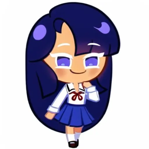 best quality, illustration, 1girl, purple long hair, blue eyes, smile, school uniform, tricky glance, sly, white shirt, white background, simple background, cookierun, solo, chibi, full body, <lora:CookieRun:0.7>