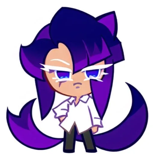 best quality, illustration, 1girl, purple long hair, blue eyes, tricky glance, sly, cyberpunk ears, white shirt, white background, simple background, cookierun, solo, chibi, full body, <lora:CookieRun:0.7>