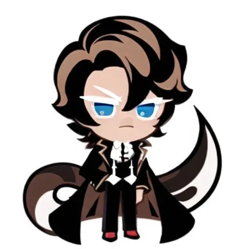 best quality, illustration, 1boy, black short hair, blue eyes, tricky glance, sly, brown tailcoat, white shirt, white background, simple background, cookierun, solo, chibi, full body, <lora:CookieRun:0.7>