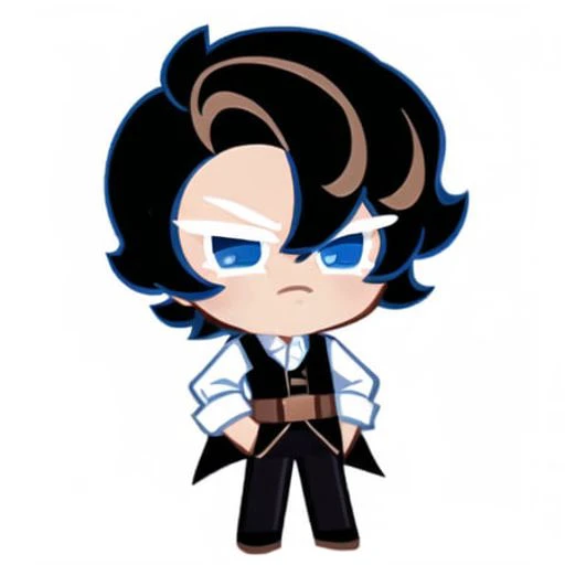 best quality, illustration, 1boy, black short hair, blue eyes, tricky glance, sly, brown vest, white shirt, white background, simple background, cookierun, solo, chibi, full body, <lora:CookieRun:0.7>