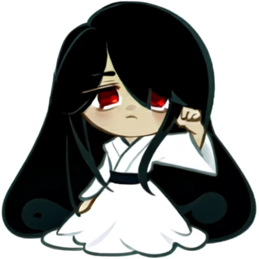 masterpiece, best quality,sadako_yamamura, <lora:Sadakobest:0.7>, white dress, red_eyes, <lora:cookieRunCharacter_cookierunV10:0.7>,cookierun, (white background), simple background,