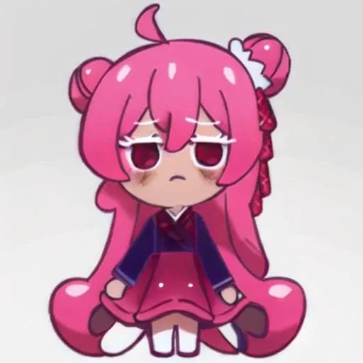 1girl. Satou, long pink hair, pink hair buns, red eyes, emotionless, white eyes lashes, cookierun, <lora:CookieRun:1> <lora:satouMatsuzakaHappy_v2dress:1>