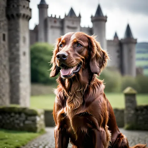 Irish Setter,highres,smile,castle,portrait,blurry background,