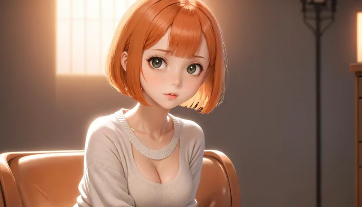 1girl, <lora:Occult_drawing_style_v0.2_SDXL:0.5>, 0ccult, <lora:Yoru Mac XL:0.5>, orange hair, short hair, bob cut, sweater, sitting on chair, feet, (8k, masterpiece, best quality, ultra-detailed), (an extremely delicate and beautiful)kawaii, cute, very big eyes, Aesthetic Anime Eyes, small face, large breasts, cinematic lighting, , Intricate, High Detail, Sharp focus, dramatic, masterpiece, best quality, ultra-detailed,, very thin waist, <lora:SDXL_MassiveCowsLoRA_v1:0.1> breasts, cleavage, slim body,