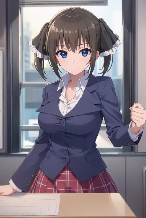 minatsushiina, <lora:minatsu shiina s2-lora-nochekaiser:1>,
minatsu shiina, blue eyes, brown hair, ribbon, twintails, hair ribbon,
BREAK skirt, school uniform, plaid, plaid skirt, shirt, white shirt, collared shirt, jacket, long sleeves, black jacket,
BREAK indoors, classroom,
BREAK looking at viewer, (cowboy shot:1.5),
BREAK <lyco:GoodHands-beta2:1>, (masterpiece:1.2), best quality, high resolution, unity 8k wallpaper, (illustration:0.8), (beautiful detailed eyes:1.6), extremely detailed face, perfect lighting, extremely detailed CG, (perfect hands, perfect anatomy),