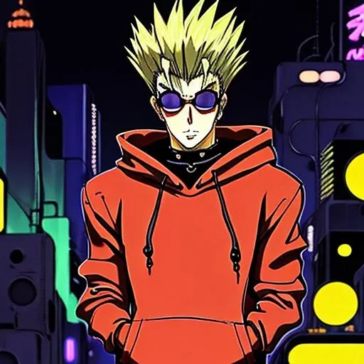 Trigun anime chibi character <lora:Trigun:1>, (weared hoody:1.3), with glasses, in neon town cyberpunk, atompunkstylesd15