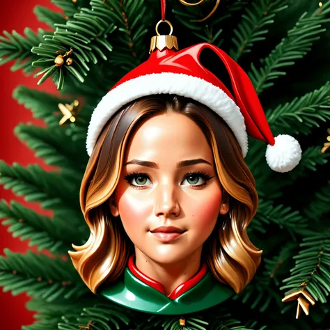 basety style, abbe bi style, sassy style, midjourney style, smile, guard,
(jennifer lawrence:1.1) closeup, reindeer horns, red sweater, modest,
 , hanging on Christmas tree, 
[cartoon, vector art, anime :realistic, real life, hyper realistic:0.05], 
beautiful young woman, symmetrical face, small breasts, , mind-bending,
christmas_ornament,
, ,   <lora:Christmas_Ornament_Face_Style_SDXL:1>