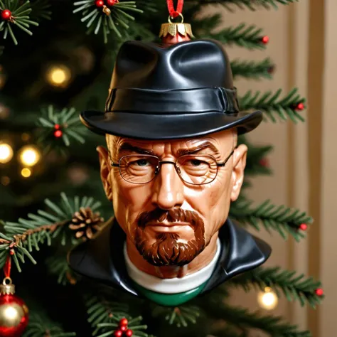 (breaking bad walter white), bald, beard, bandaid on nose, black hat, black golf jacket, plaid shirt, christmas_ornament,<lora:Christmas_Ornament_Face_Style_SDXL:1>, highly detailed, uhd, 8k, photo realistic,