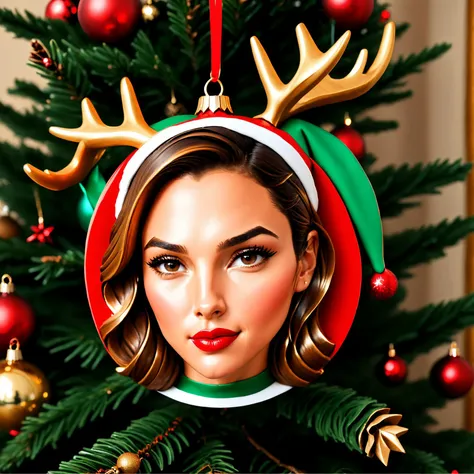 basety style, abbe bi style, sassy style, midjourney style, sexy face, standard-bearer,
(Gal Gadot:1.1) closeup, reindeer horns, red sweater, modest,
 Christmas, hanging on Christmas tree, 
[cartoon, vector art, anime :realistic, real life, hyper realistic:0.05], 
beautiful young woman, , large breasts, , petrified,
christmas_ornament,
, masterpiece,   <lora:Christmas_Ornament_Face_Style_SDXL:1>