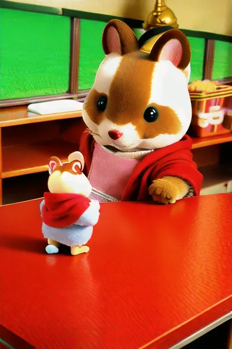 sylvanianfamilies, rabbit, husky, hamster, cute, wearing red robe, in a classroom, <lora:sylvanianfamilies-768x768-mix-ReVAnimated:0.7>