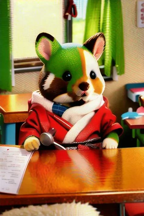 sylvanianfamilies, rabbit, husky, hamster, cute, wearing red robe, in a classroom, <lora:sylvanianfamilies-768x768-mix-ReVAnimated:0.6>