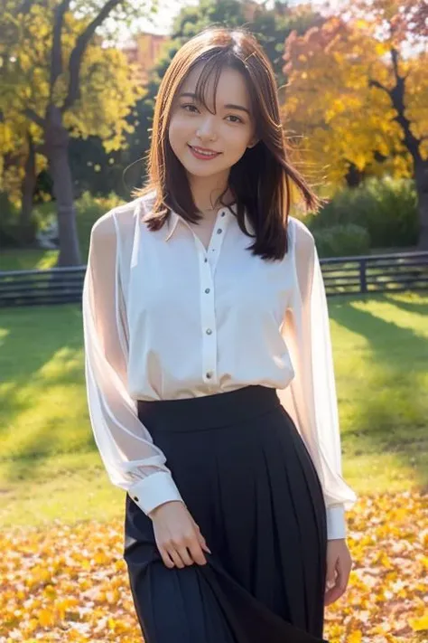 1girl,(wearing a blouse and long skirt:1.2),(RAW photo, best quality), (realistic, photo-realistic:1.4), masterpiece, an extremely delicate and beautiful, extremely detailed, 2k wallpaper, Amazing, finely detail, extremely detailed CG unity 8k wallpaper, ultra-detailed, highres, soft light, beautiful detailed girl, extremely detailed eyes and face, beautiful detailed nose, beautiful detailed eyes,cinematic lighting,autumn scenery,maple leaves,outdoor,at a park,perfect anatomy,slender body,smiling  <lora:sakamakialisa_lora:0.8>