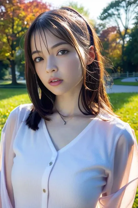 1girl,(wearing a blouse:1.2),(RAW photo, best quality), (realistic, photo-realistic:1.4), masterpiece, an extremely delicate and beautiful, extremely detailed, 2k wallpaper, Amazing, finely detail, extremely detailed CG unity 8k wallpaper, ultra-detailed, highres, soft light, beautiful detailed girl, extremely detailed eyes and face, beautiful detailed nose, beautiful detailed eyes,cinematic lighting,autumn scenery,park,perfect anatomy,slender body,  <lora:sakamakialisa_lora:0.8>