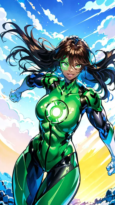 sehele style, <lora:sehele:0.4>, (dark skin tanned woman:1.1), smile, upper body, jessicacruz dc, 1girl, green lantern, full bodysuit, green lantern symbol, brown hair, (right eye green lantern symbol facepaint), bodysuit, green bodysuit, glowing, (((athletic))), (((abs))), perfect hands, (((cowboy shot))), (((dynamic pose))), (masterpiece, best quality, ultra detailed, beautiful illustration), atmospheric perspective, depth of field, beautiful detailed eyes, anime eyes:1.4, dynamic pose, dynamic angle, 1girl, ((outdoors, sky clouds background)), 8k, 16k, trending on pixiv, fanbox, skeb, masterpiece, detailed face, digital painting, <lora:JessicaCruzV1.0:0.85>