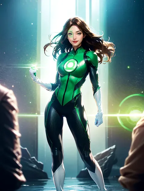 masterpiece, best quality, 8k uhd, dslr, soft lighting, high quality, smile, upper body,  <lora:JessicaCruzV1.0:0.8> jessicacruz dc, 1girl, bodysuit, green lantern, white gloves, brown hair, bodysuit, green lantern symbol, facepaint, full body, glowing, hand on hip