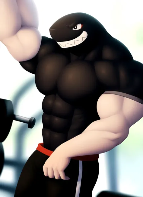 bulletbill, 1boy, male anthro, portrait, solo, (best quality), black body, white arms, (blurry gym background:1.2), looking at viewer, grin, shorts, <lora:bulletbill-v1-locon:1>