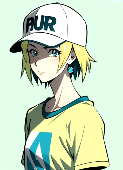 champloo <lora:champloo_offset:1>,  masterpiece, best quality, 1girl, aqua eyes, baseball cap, blonde hair, closed mouth, earrings, green background, hat, hoop earrings, jewelry, looking at viewer, shirt, short hair, simple background, solo, upper body, yellow shirt