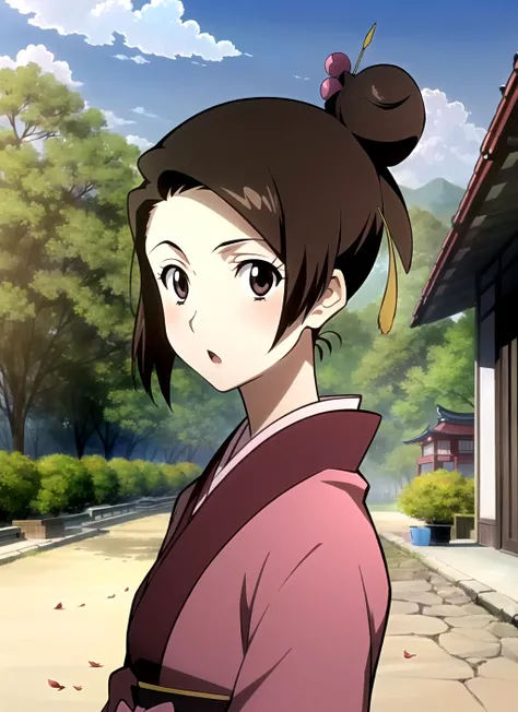 champloo <lora:champloo_offset:1>, masterpiece, best quality, 1girl, solo, tree, hair ornament, japanese clothes, single hair bun, hair bun, brown hair, east asian architecture, kimono, architecture, hair stick, outdoors, house, looking at viewer, anime coloring, upper body, short hair, brown eyes, black eyes, black hair, :o